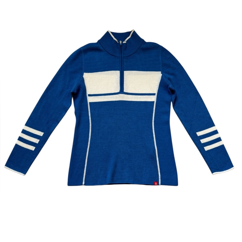 Krimson Klover Blue Half-Zip Sweater Wool Blend Ski Sweater Striped Size L